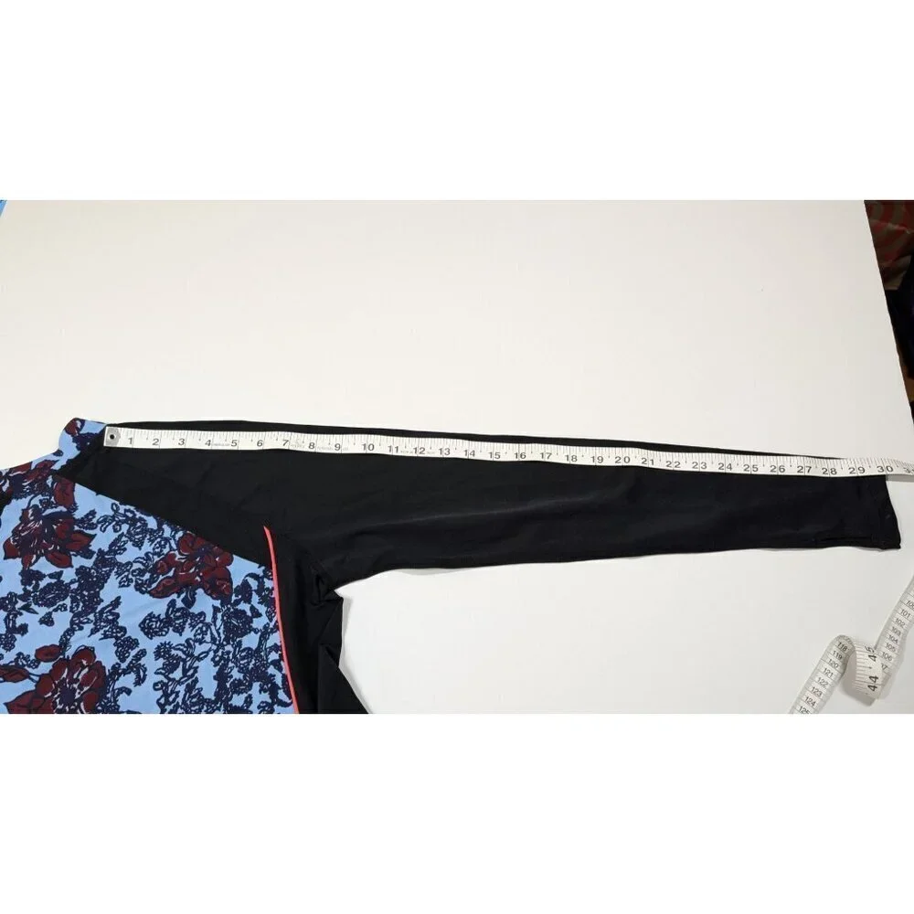 Floral Rash Guard Swim Top Colorblock Long-Sleeve Zip Black & Blue Womens M